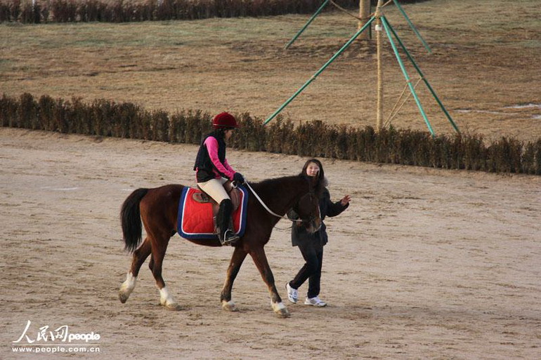 在驯马师们的帮助下,顾客在室外马场练习骑乘.