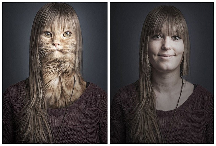 瑞士摄影师用宠物猫与主人照片合成奇趣“猫脸人”，宠物猫和主人都是一头金色长发。（网页截图）