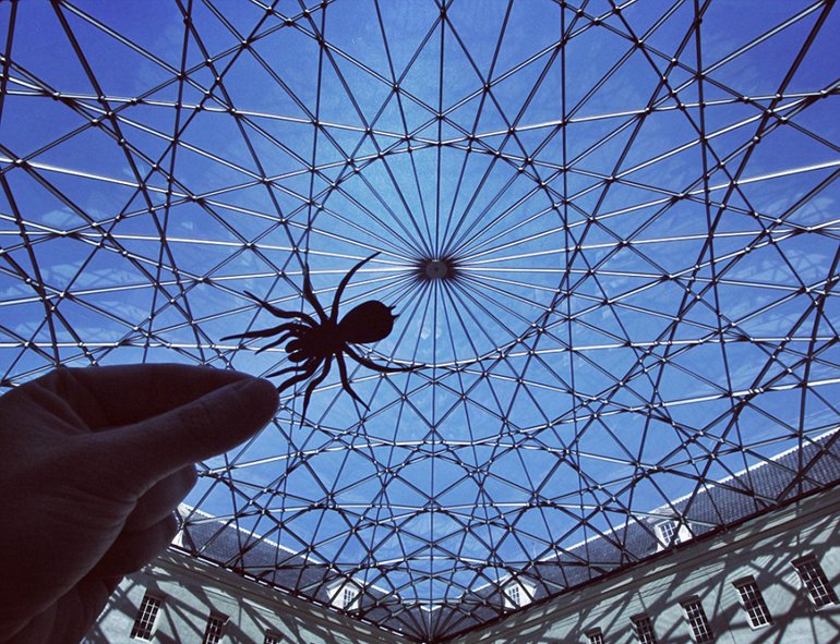 伦敦海事博物馆纵横交错的天花板为麦克尔创造的蜘蛛剪纸爬行提供了完美蛛网。（网页截图）   