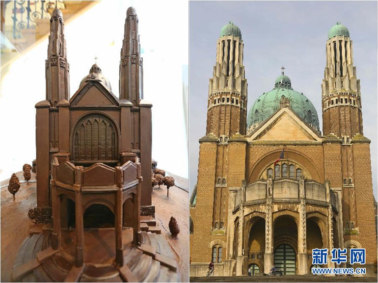  这张拼版照片显示的是比利时首都布鲁塞尔的标志性建筑圣心圣殿教堂（右，2015年10月21日摄）及其微缩巧克力版（左，2015年10月1日摄）。圣心圣殿教堂是一座规模宏大的罗马天主教教堂，为庆祝比利时独立75周年于1905年奠基，但建造工程受到两次世界大战的影响，直到1969年才完成。